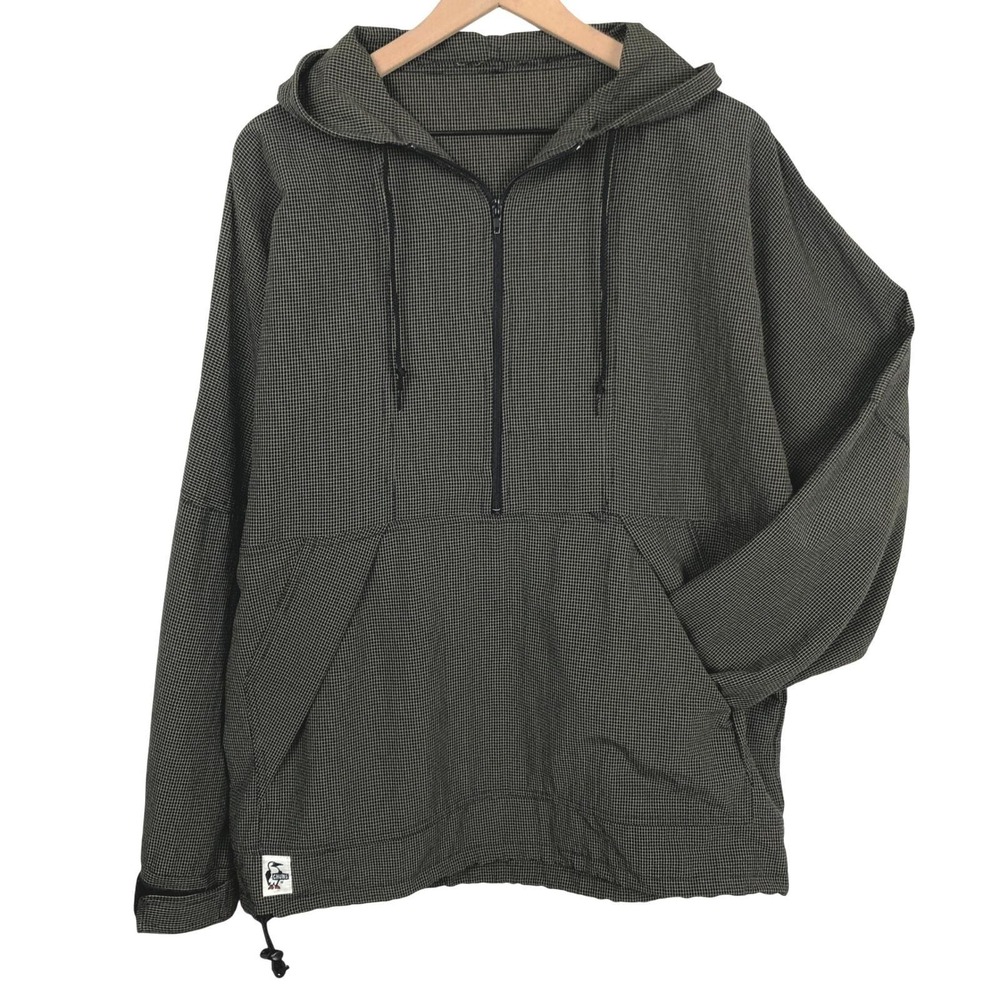 CHUMS Hello Wear Micro Grid Quarter Zip Hooded Anorak Jacket Sz S Green Pocket